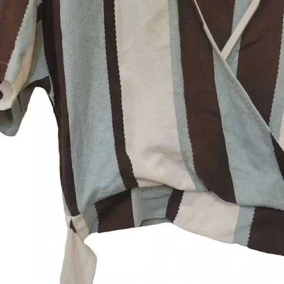 Zara Women's Blue/Cream/Brown Striped Cotton Poly Wrap Shirt - Picture 7 of 12